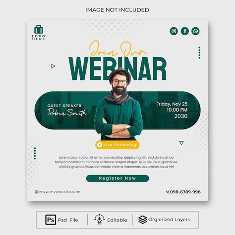 A web page that says " one day webinar "... | Premium Psd #Freepik #psd #webinar #web-banner-design #online-webinar #webinar-flyer Sport Banner Design Ideas, Education Poster Design Ideas, Guest Speaker Poster Design, Canva Posters Ideas, Webinar Poster Design, Winner Poster, Banner Design Ideas, Event Poster Design Inspiration, Webinar Design