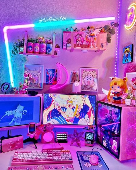 All Posts • Instagram Gaming Bedroom Ideas, Moon Prism Power, Anime Bedroom Ideas, Girls Room Diy, Gaming Bedroom, Pink Games, Gamer Room Decor, Desk Inspiration, Moon Aesthetic