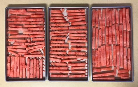 Freeze Drying Watermelon sticks | FamilyCanning.com Freeze Drying Food Recipes, Dehydrated Meat, Freeze Drier, Tasty Healthy Snacks, Food Drying, Dehydrating Recipes, Astronaut Food, Watermelon Sticks, Dried Watermelon