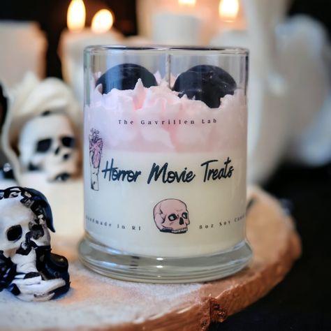 Horror Movie 🎬 💀 Treats Soy Candle This candle is handmade with whipped pink wax and topped with black skull wax melts. This candle is made for the horror fans!  Custom Scent so that you can choose your favorite spooky treat! There are plenty of scents to choose from please see drop down menu for the full list!  This candle comes in both 8oz and 12oz sizes! There is also an option for you if you would like to include a glass lid with your candle. All candles are made with premium fragrance and Movie Treats, Halloween Soap, Gothic Candles, Scent Candle, Sweet Candles, Bath Body Works Candles, Halloween Candle, Hand Painted Candles, Horror Decor