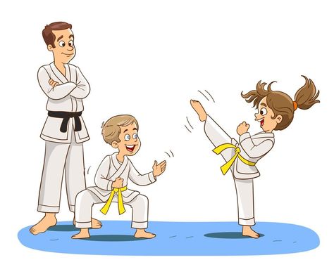 Cartoon kids training martial arts in kimono uniform. Karate or taekwondo character illustration. Taekwondo Illustration, Karate Drawing, Taekwondo Cartoon, Karate Illustration, Karate Background, Karate Cartoon, Kimono Uniform, Karate Boy, Karate Moves