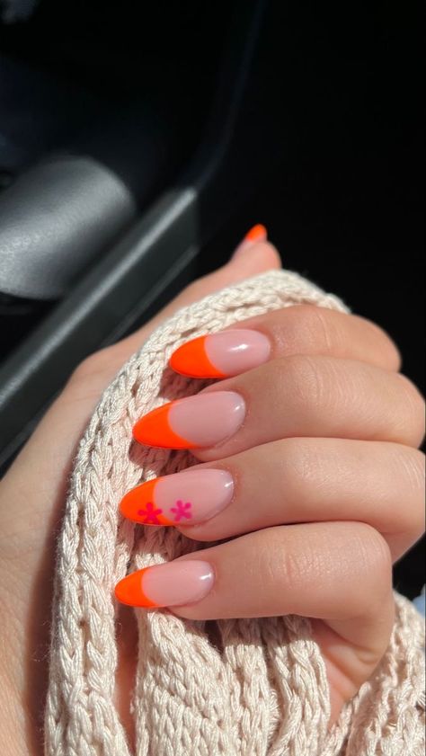 Neon Orange Nails With Design Ring Finger, Neon Orange And Pink Nails Acrylic, Cute Summer Nails Pink And Orange, Hot Pink And Peach Nails, Cute Neon Nails Summer Almond, Summer Nails Orange And Yellow, Cute Orange And Pink Nails, Neon Pink Almond Nails Design, Short Orange And Pink Nails