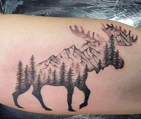 Moose Tattoos, Alaska Tattoo, Antler Tattoo, Moose Tattoo, Pnw Tattoo, Western Tattoos, Moose Antlers, Landscape Tattoo, Silhouette Tattoos