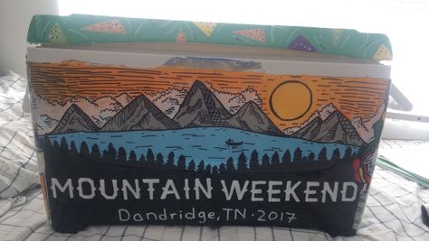 Mountain weekend cooler #cooler #fratcooler #fraternity #mountainweekend #tke #taukappaepsilon #retro Cooler Decorating Ideas, Mountain Weekend Cooler Ideas, Frat Formal Coolers Mountains, Frat Cooler Mountain Weekend, Mountain Weekend Cooler Fraternity, Fiji Cooler, Ato Cooler, Frat Mountain Weekend Cooler, Cooler Painting Fraternity