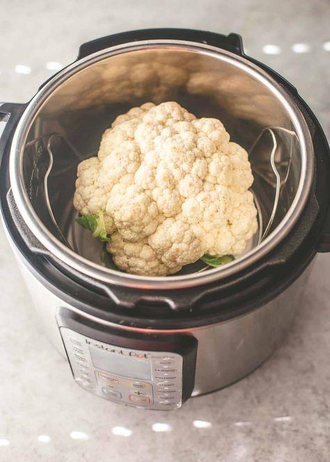 The Instant Pot is the easiest, failproof way to steam a whole head of cauliflower. It comes out tender all the way through. Insta Pot Cauliflower Recipes, Insta Pot Veggie Recipes, How To Cook A Whole Head Of Cauliflower, Instapot Cauliflower Head, How To Steam Cauliflower, Instapot Veggies, Cook Cauliflower Rice, Cooking Cauliflower, Rice In Instant Pot