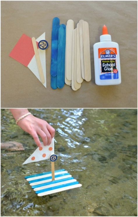 Fun Popsicle Craft Boats Craft Stick Projects, Popsicle Stick Crafts For Kids, Boat Crafts, Diy Summer Crafts, Popsicle Crafts, Summer Camp Crafts, Crafts For Teens To Make, Summer Crafts For Kids, Popsicle Stick Crafts