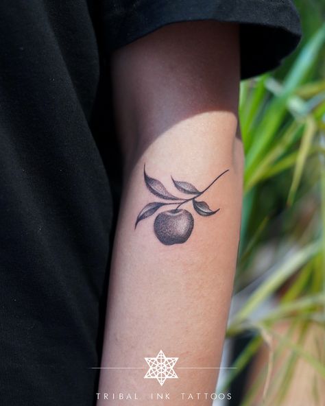 Apple Tree Tattoo Simple, Apple Tattoo Black And White, Eve Apple Tattoo, Apple Of My Eye Tattoo, Tiny Apple Tattoo, Apple Tree Tattoo, Tattoo Apple, Tree Branch Tattoo, Apple Tattoo