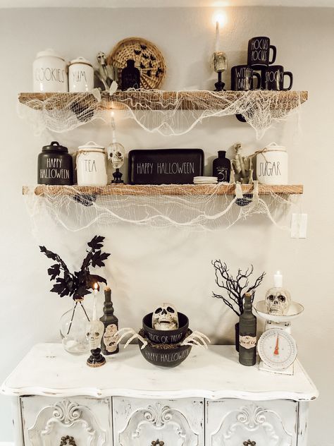 Halloween Decor Floating Shelves, Halloween Kitchen Shelf Decor, Halloween Black And White Decor, Halloween Built Ins Decor, Halloween Shelf Decor Ideas, Halloween Buffet Decor, Rae Dunn Halloween Display, Halloween Shelves, Halloween Shelf Decor