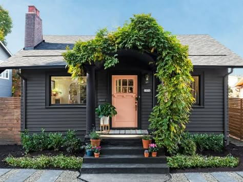 Small House Exterior, Black Houses, Gray House, Bungalow Exterior, Cottage Exterior, Pink Door, Exterior Makeover, Craftsman Bungalows, Black House Exterior