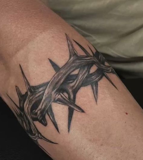 Crown Of Thorns Wrap Around Tattoo, Men’s Tattoo Arm Band, Rod And Staff Tattoo, Crown Of Thorns Tattoo Armband, Jesus Thorn Crown Tattoo, Armband Tattoo Men, Thorns Tattoo Design, Biblical Tattoos For Men, Yahweh Tattoo