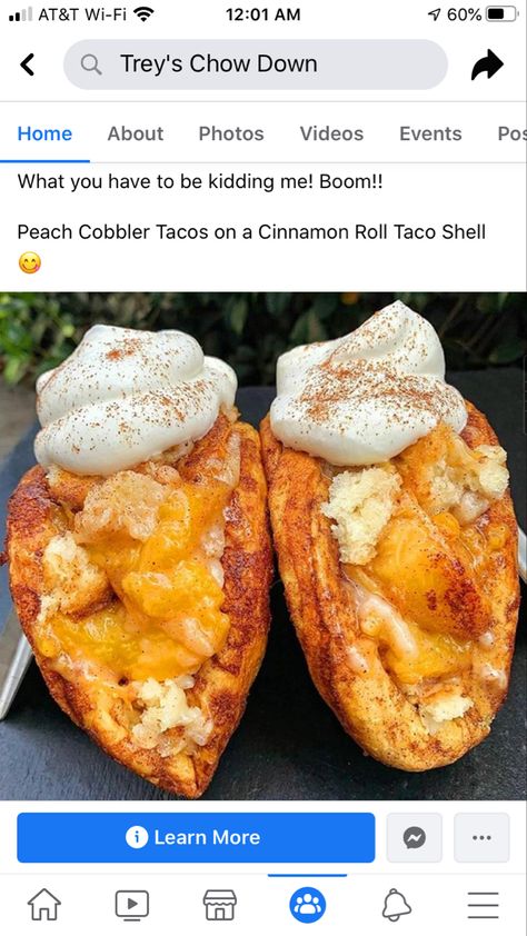 Peach Cobbler Tacos, Peach Cobbler Cinnamon Rolls, Dessert Taco, Taco Shell, Tasty Pastry, Luke Combs, Apple Dessert Recipes, Vanilla Whipped Cream, Cinnamon Recipes