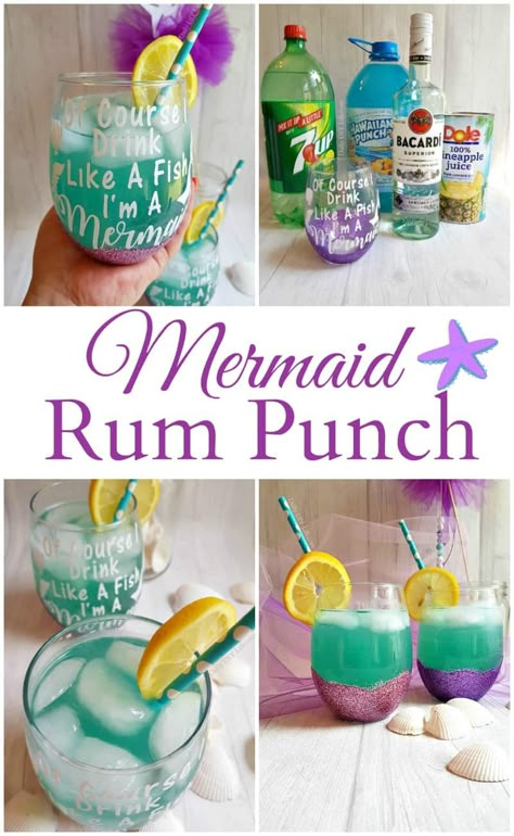 Drinks For Pool Party, Rum Party Theme, Mermaid Party Drinks, Mermaid Party For Adults, Mermaid Rum Punch, Mermaid Themed Drinks, Birthday Punch For Adults, Luau Party Drinks Alcohol, Under The Sea Cocktails