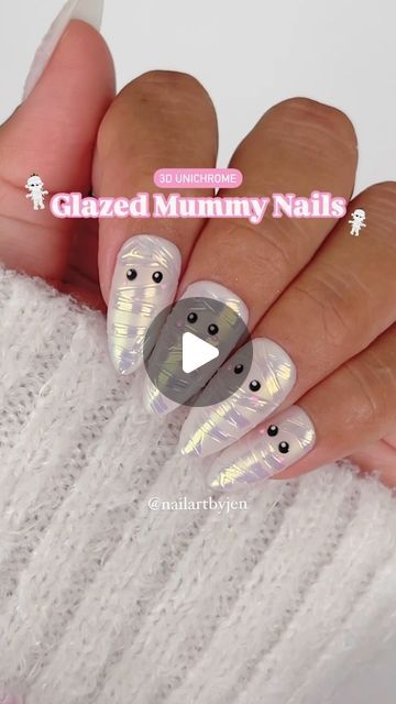 White Mummy Nails, Mummy Acrylic Nails, Mummy Halloween Nails, Halloween Chrome Nails, 3d Halloween Nails, Halloween Nails Mummy, Easy Mummy Nail Art, Mummy Nails, Dead Nails