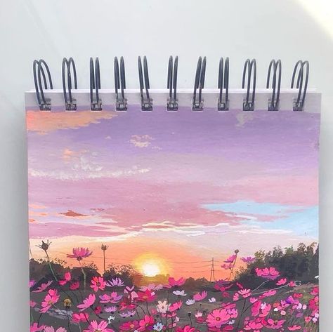 𝓢𝓾𝓻𝓲 🌸 on Instagram: "Cosmo field 🌅  Painted with Acryla Gouache 🎨  #acrylagouache #gouache #cosmos #cosmoflowers #pinkflowers #flowers #flowerfield #painting" Gouache Flower Field, Gouache Painting Flowers, Gouache Flower Painting, Gouache Studies, Gouache Flowers, Acryla Gouache, Field Paint, Cosmos Flowers, Gouache Art