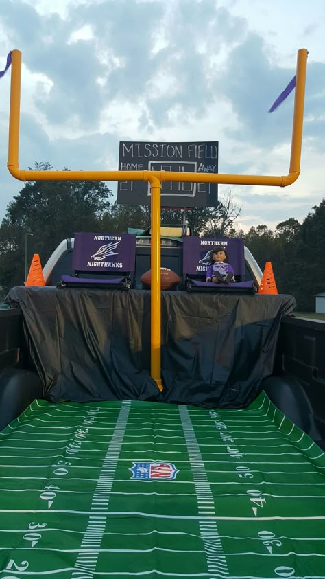 Football theme Trunk Or Treat Made with 2 inch PVC pipe spray painted Yellow. Football field is table cloth from party store. Football Field Trunk Or Treat, Trunk Or Treat Ideas Football Theme, Football Trunk Or Treat Ideas For Trucks, Pick Up Truck Trunk Or Treat, Trunk Or Treat Ideas For Cars Football, Sports Theme Trunk Or Treat, Sports Themed Trunk Or Treat Ideas, Trunk Or Treat Sports Theme, Basketball Trunk Or Treat Ideas