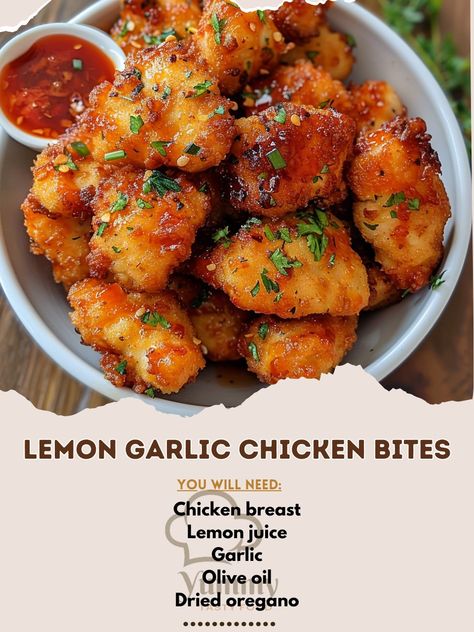 🍋🍗 Zesty Lemon Garlic Chicken Bites! Quick to make, delicious to eat. Perfect for a tasty snack or meal. #LemonGarlicChicken #FlavorBlast Lemon Garlic Chicken Bites Recipe These bite-sized chicken pieces are marinated in lemon and garlic for a tangy and aromatic flavor that's irresistibly delicious. Ingredients: Chicken breast, cubed: 500g Lemon juice: 30ml Garlic, minced: 10g Olive oil: 30ml Dried oregano: 5g Salt: 5g Pepper: 2g Directions: Marinate Chicken: In a bowl, combine lemon jui... Chicken Bites Recipes, Chicken Balls, Lemon Garlic Chicken, Protein Packed Snacks, Honey Chicken, Chicken Bites, Healthy Protein, Garlic Chicken, Marinated Chicken