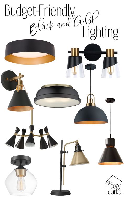 Light Fixtures Whole House, Brass And Black Light Fixtures, Gold Kitchen Accents, Black And Gold Lighting, Black And Brass Lighting, Black And Brass Kitchen, Black And Brass Chandelier, House Of Black, Gold Lighting