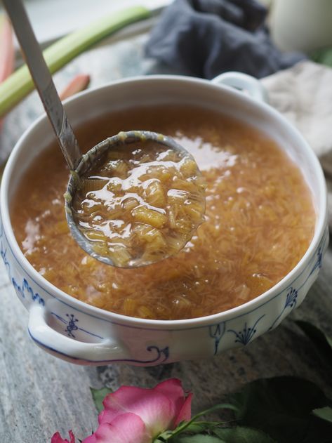 Rhubarb Soup and Spruce Tip Ice Cream (Rabarbragrøt og Granskuddiskrem) - North Wild Kitchen Rhubarb Soup, Norwegian Recipes, Wild Kitchen, Heritage Recipes, Spruce Tips, Custard Ice Cream, Rhubarb Plants, Scandinavian Heritage, Fantasy Food