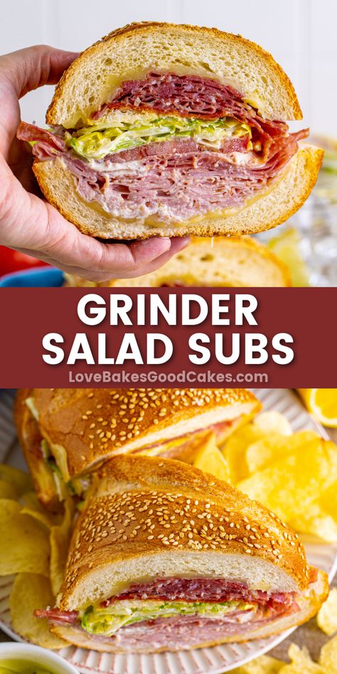 Grinder Salad Subs pin collage Hand Sandwiches, Cold Cut Sandwich, Grinder Salad, Hoagie Sandwiches, Cold Sandwich Recipes, Italian Hoagie, Best Macaroni Salad, Cold Sandwiches, Italian Deli