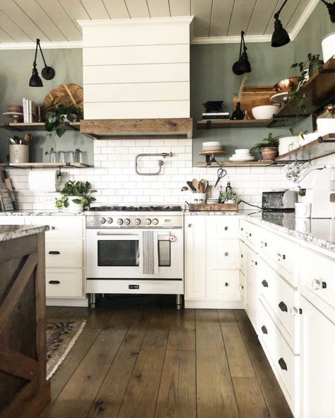 Shiplap Range Hood, Kitchen Shiplap, Open Shelving Kitchen, Shelving Kitchen, Interior Livingroom, Western Kitchen, Old Home Remodel, Open Kitchen Shelves, White Shiplap