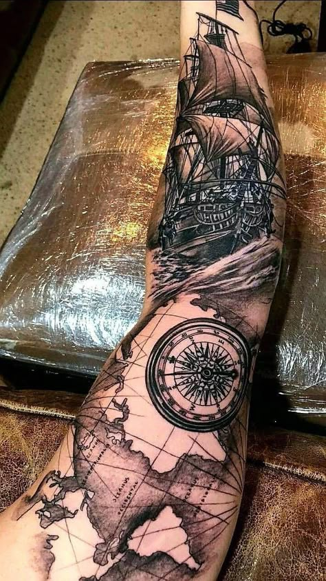 Marine Tattoos, Ship Tattoo Sleeves, Pirate Ship Tattoos, Ocean Sleeve Tattoos, Nautical Tattoo Sleeve, Navy Tattoos, Pirate Tattoo, Map Tattoos, Forarm Tattoos