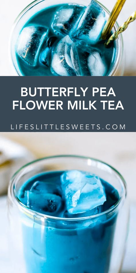 Butterfly Pea Flower Milk Tea (also called, Blue Moon Milk, Mermaid Milk) is sweet, cinnamon-infused, icy-cold, drink, delicious recipe. (makes 1 serving) #peaflower #drink #sweet #icedtea #milktea #peaflowertea #milk #cinnamon #honey #lifeslittlesweets #foodblog #recipesite Blue Moon Drinks, Blue Moon Milk, Moon Milk Recipe, Bubble Tea Recipe, Moon Milk, Butterfly Pea Flower Tea, Butterfly Pea Flower, Powder Recipe, Butterfly Pea