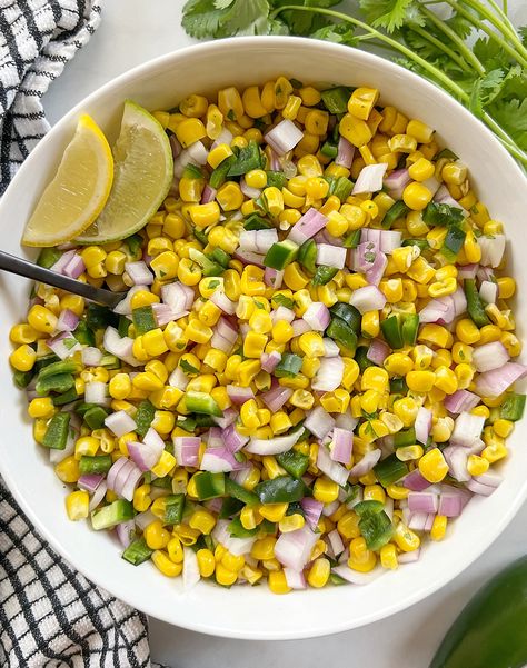 This copycat Chipotle corn salsa recipe uses simple ingredients for a fresh and flavorful topping. It's great on tacos and burritos! Chipotle Copycat Corn Salsa, Chipotle Corn Salsa Recipe Copycat, Corn Salsa Chipotle, Copycat Chipotle Corn, Chipotle Corn Salsa Recipe, Diy Chipotle, Easy Corn Salsa, Chipotle Corn Salsa, Chipotle Corn