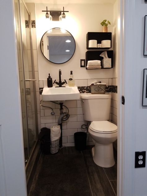 Basement bathroom remodeled. Small Basement Renovations On A Budget, Basement Bathroom Shower Stall, Diy Basement Bathroom Budget, Small Basement Bathroom Layout, Tiny Basement Bathroom Ideas, Basement Bathroom Addition, Adding Bathroom To Basement, Low Ceiling Basement Bathroom, Unfinished Basement Bathroom Ideas