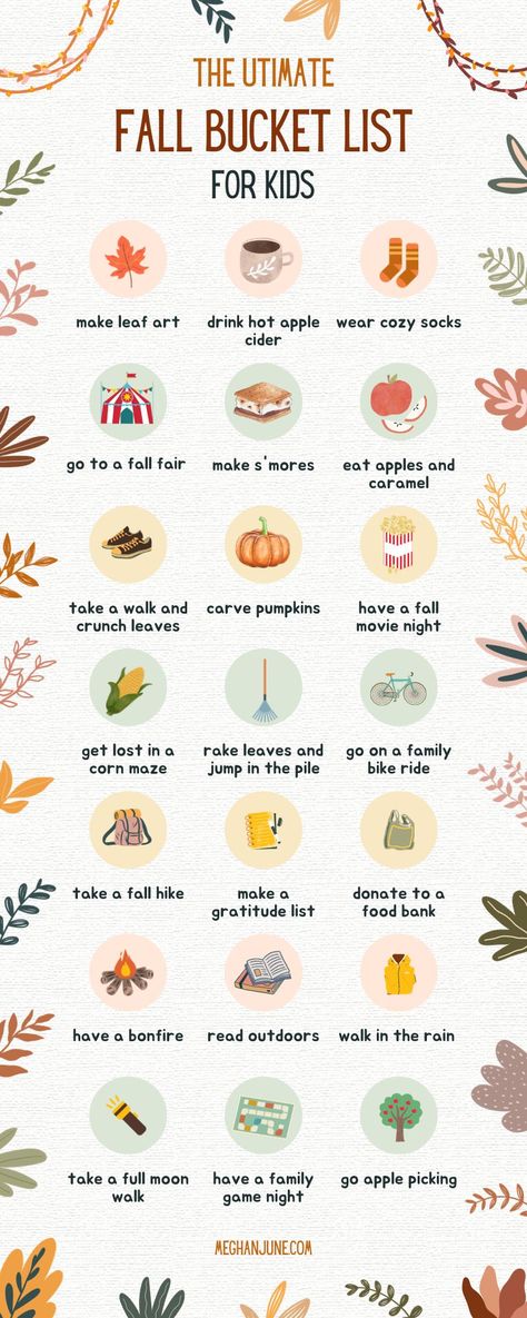 The Ultimate Fall Bucket List for Kids | meghanjune.com November Bucket List For Kids, Monthly Family Activities, Thanksgiving Bucket List, Fall Bucket List For Kids, Fall Bucket List Ideas, Fall Family Fun, Monthly Activities, Welcome Autumn, Bucket List Family