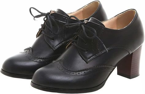 Amazon.com | SHEMEE Women's Chunky High Heels Wingtip Oxfords Round Toe Lace Up Stacked Block Heel Vintage Brogues Pumps Shoes(Brown,US 6.5) | Oxfords Dark Academia Shoes, Academia Shoes, Vintage Dress Shoes, Oxford Shoes Heels, Heeled Lace Up Boots, Oxford Brogues, Saddle Shoes, Oxford Heels, Chunky High Heels