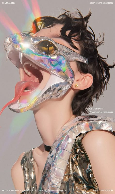 contemporary photography of woman takes off her snake holographic skin, the woman's snake skin peels off on her face, scales, holographic skin are visible, the woman has beautiful narrow snake pupils, she has a snake grin, she shows us her snake tongue, smiles maliciously, beautiful and funny, a breathtaking sight, muted pastel colours, large exaggerated surreal jewellery, gold flecking, abstract, snake's tongue, streetwear, abstract, negative block coloured space, editorial, minimalist, high fashion, couture, ultra-detailed, ultra-realistic, minimalism, evocative, analogue photography, hyperrealistic, --ar 3:5 --style raw --stylize 200 --niji 6 Weird Perspective Photography, Smiling With Tongue Out, Contemporary Fashion Photography, Pose With Snake, Snake Woman Character Design, Holding Snake Pose, Snake Surrealism, Snake Couture, Snake Editorial