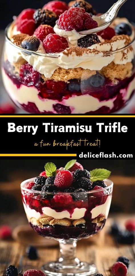 This Berry Tiramisu Trifle is a fresh and creamy twist on the classic dessert. Layers of mascarpone cream, mixed berries, and ladyfingers make this a stunning and delicious treat for any occasion! Perfect for a light and indulgent dessert. Fruit Tart Trifle, Easter Trifle Desserts, Berry Trifle Recipe, Christmas Trifle Recipes, Berry Tiramisu, Easy Trifle, Tiramisu Trifle, Christmas Trifle, Berry Trifle