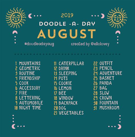 August Drawing Prompts, Anime Inktober, Inktober Prompts, Doodle A Day, Sketchbook Prompts, 30 Day Art Challenge, Art Journal Challenge, Doodle A, 30 Day Drawing Challenge