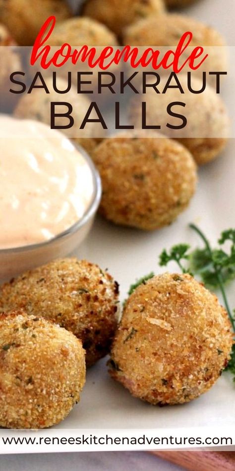 Sauerkraut Balls by Renee's Kitchen Adventures. Easy appetizer recipe for sauerkraut and ham balls. This recipe will turn anti-kraut eaters into kraut lovers. Salty, briny, crispy, and delicious. Fry in oil, with air fryer, or in oven!! #ohpork #Ohiopork #Rkarecipes #appetizers #Sauerkraut #sauerkrautballrecipe Saurkraut Recipes Appetizers, Kraut Balls Recipe, Recipe For Sauerkraut, Sauerkraut Balls, Veggie Balls, Ham Balls, Homemade Sauerkraut, Sauerkraut Recipes, Books For Sale