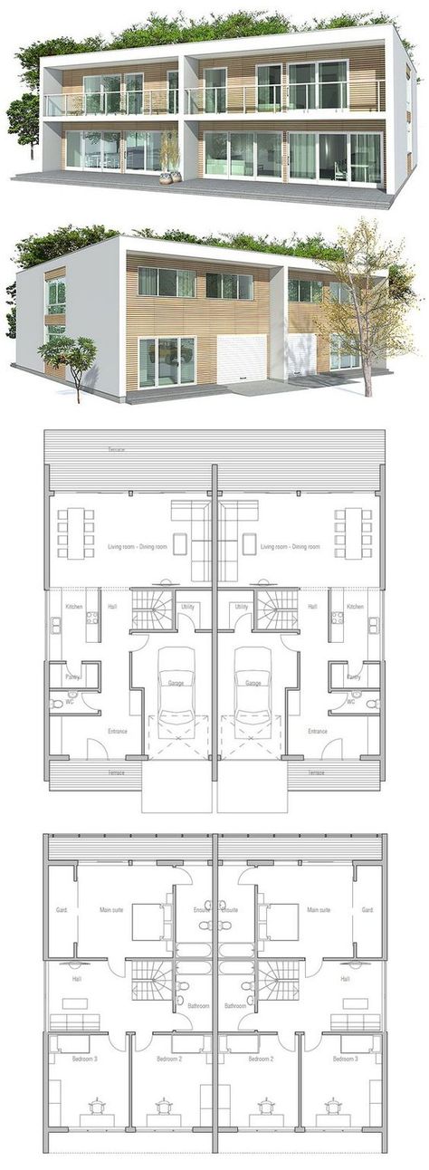 Duplex House- a house divided into two apartments, with a separate entrance for each. Entrance Floor, Duplex Design, Duplex House Plans, Simple House Plans, Apartment Plans, Duplex House, Modern House Plans, Sims House, Small House Plans