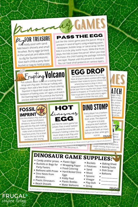 It's a Jurassic party! Young dinosaur fans will love these dinosaur party games. Download, print and enjoy 11 dinosaur-themed activities that will guarantee a roar-tastic party for a birthday guy (or gal) and their party guests. #FrugalCouponLiving Activities For Kids Birthday Party, Dinosaur Birthday Party Games, Dinosaur Birthday Party Food, Dinosaur Party Ideas, Dinosaur Party Food, Dinosaur Party Games, Party Games Printable, Jurassic Park Party, Dinosaur Birthday Theme