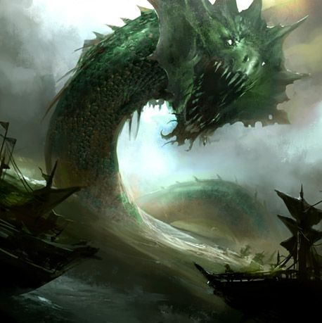 This sea monster has a head like an oranckl and a body like a gibdju. The best part of this picture, though, is that it demonstrates the size of these monsters. Sea Monster Art, Creature Marine, Sea Serpent, Fantasy Beasts, Giant Monsters, Mythical Beast, Sea Dragon, 다크 판타지, Fantasy Monster