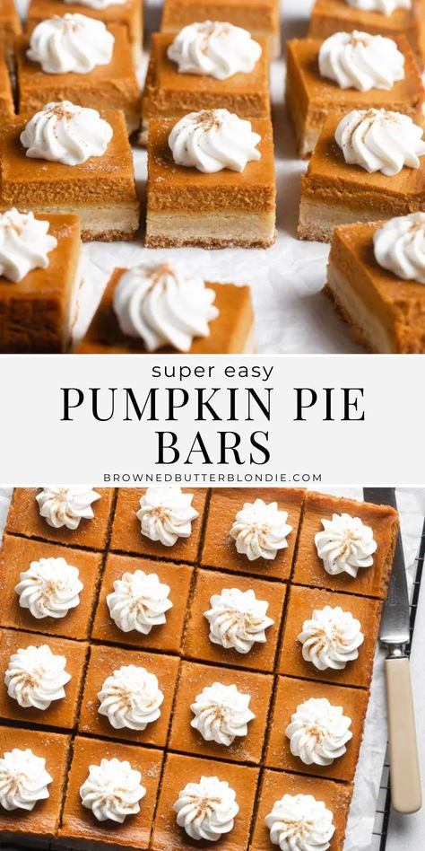 These pumpkin pie bars taste just like pumpkin pie but are so much easier to make. Made with simple shortbread crust and a creamy pumpkin filling, these homemade pumpkin bars are the perfect recipe for feeding a crowd! | Browned Butter Blondie Browned Butter Pumpkin Pie, Pumpkin Pie Bars With Cream Cheese Frosting, Pumpkin Cheesecake Cookie Bars, Farmhouse On Boone Pumpkin Pie, Pumpkin Pie Squares Easy, Creamy Pumpkin Bars, Pumpkin Haupia Squares, Pampered Chef Pumpkin Bars, Dessert Bars Thanksgiving