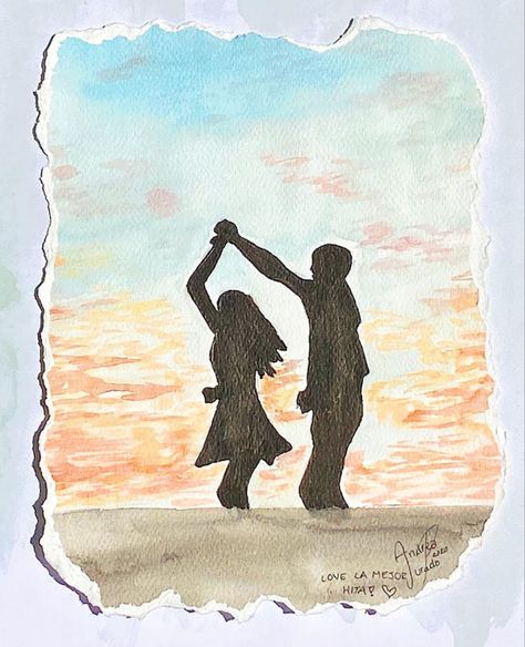 A Couple Dancing Drawing, Couple Dance Painting, Easy Drawings Love Couple Simple, Silhouette Couple Art, Romantic Watercolor Painting Easy, Couple Dance Sketch, Watercolor Couple Art, Couple Shadow Painting, Couple Shadow Drawing