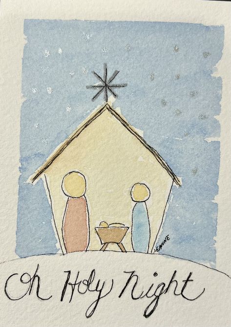 Christmas Watercolor Ideas Easy, Loose Watercolor Christmas Cards, Nativity Drawing Simple, Watercolor Nativity Tutorial, Diy Christian Christmas Cards, Simple Nativity Drawing, Nativity Watercolor, Watercolour Nativity, Diy Christmas Card Ideas