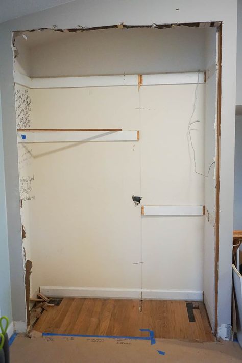 Updating a 1980's Reach-In hall closet Part 1 - Demolition - Fort Birthday Redo Hallway Closet, Hall Closet Into Built In, Remove Entryway Closet, Hall Closet Makeover, Entryway Closet Makeover, Closet Conversion, Kids Closets, Front Closet, Pax System