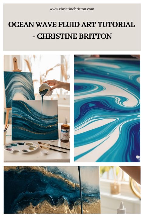 Ocean Wave Fluid Art tutorial by Christine Britton, showcasing blue and teal fluid art paintings and paint pouring techniques. Paint Pouring Medium, Mixing Paint Colors, Fluid Dynamics, White Acrylic Paint, Happy Paintings, Color Harmony, Ocean Wave, Art Tutorial, Art Business