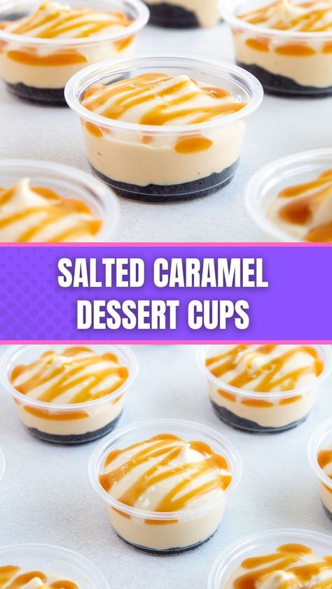 Salted caramel dessert cups made with an Oreo cookie crust, no bake salted caramel cheesecake filling and homemade salted caramel. An easy, no bake dessert. Salted Caramel Desserts Easy, No Bake Dessert Cups, Caramel Cheesecake Cups, Caramel Cheesecake Shooters, Salted Caramel Dessert, Salted Caramel Cheesecake Cups, Mini Salted Caramel Cheesecake Recipes, Salted Caramel Cookie Cups, Chocolate Dessert Cups