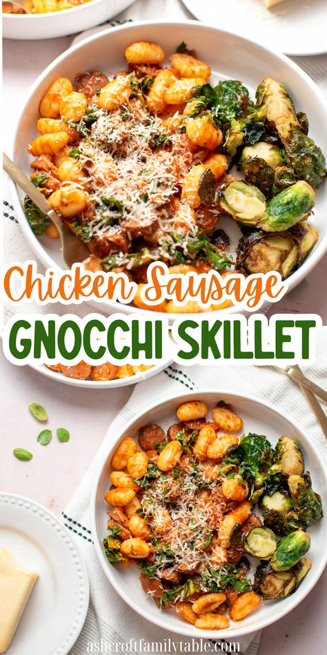 Pinterest graphic with photo collage and text that reads "chicken sausage gnocchi skillet" Chicken Sausage Gnocchi, Chicken Sausage Lunch, Crockpot Chicken Sausage, Sausage Bowls Recipe, Spicy Jalapeno Chicken Sausage Recipes, Hosting Dinner Recipes Friends, Gnocchi Sausage Spinach, Smoked Sausage And Gnocchi Recipes, Chicken Sausage And Gnocchi