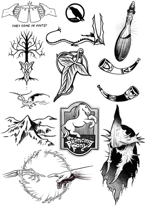 Traditional Tattoos Lord Of The Rings, Nazgul Dragon Tattoo, Witch King Tattoo Lord Of The Rings, Horn Of Gondor Tattoo, Bag End Tattoo, Lotr Eagles Tattoo, Treebeard Drawing, Lord Of The Rings Small Tattoo, Sting Lotr Tattoo