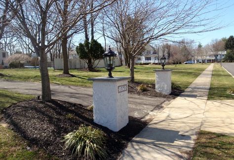 Driveway Columns Pier Installation Langhorne PA Bucks County – Evergreen LMI Stone Driveway Entrance Columns, Driveway Columns With Lights, Front Pillars Columns, Brick Columns Driveway, Driveway Columns, Brick Driveway, Stucco Finishes, Brick Columns, Stone Driveway