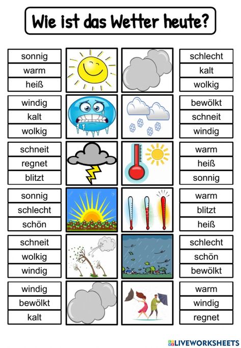 Vocabulary - das Wetter online activity for G2. You can do the exercises online or download the worksheet as pdf. German Lesson Plans, German Lessons, German Learning, Weather Worksheets, Weather Vocabulary, Study German, German Study, German Grammar, Elementary Lesson Plans