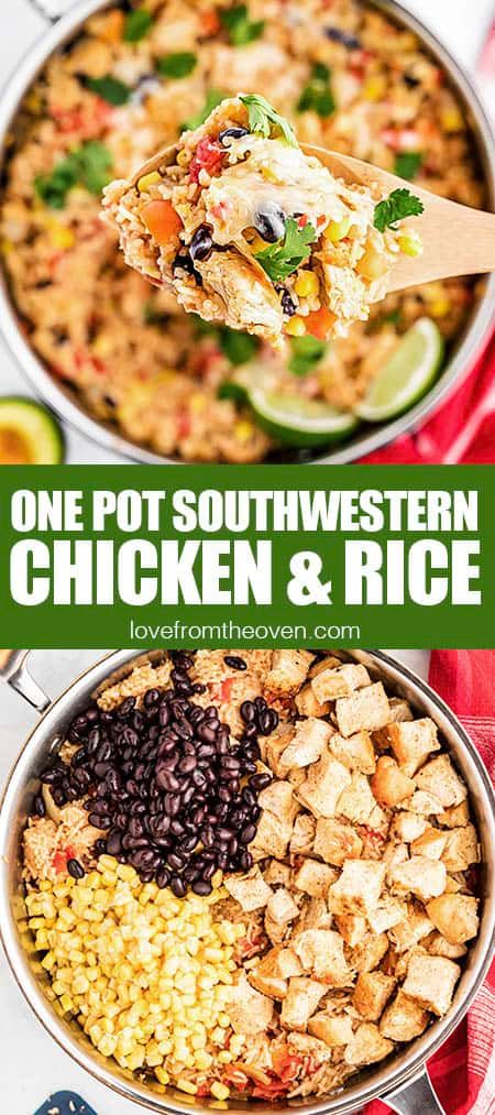 Easy One Pan Southwestern Chicken And Rice • Love From The Oven Southwestern Chicken And Rice, Southwestern Chicken Casserole, Corn And Black Beans, Love From The Oven, Southwestern Chicken, Hispanic Kitchen, One Pot Chicken, Chicken Dip, Winner Winner Chicken Dinner