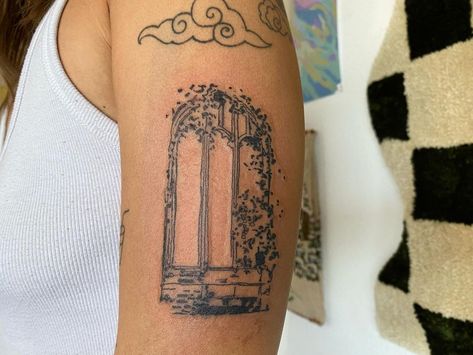 Archway Tattoo Design, Scrapbook Sleeve Tattoo, Broken Window Serenade Tat, Window Pane Tattoo, Arch Window Tattoo, Window Tattoo Ideas, Window Sill Tattoo, Open Window Tattoo, Window Frame Tattoo