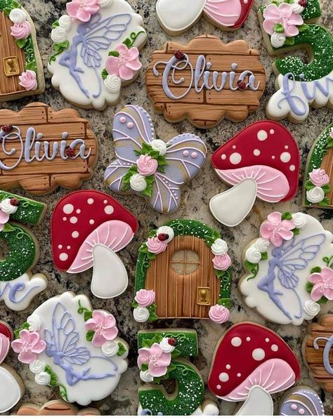 Fairy Birthday Party Cookies, Enchanted Forest Theme Cookies, Garden Theme Treats, One Year Old Fairy Photoshoot, Cottagecore Balloon Arch, Woodland Fairy Cookies, Fairy Theme 2nd Birthday Party, Fairy 1st Birthday Cookies, Enchanted Forest Theme Sweet 16 Fairy Tales